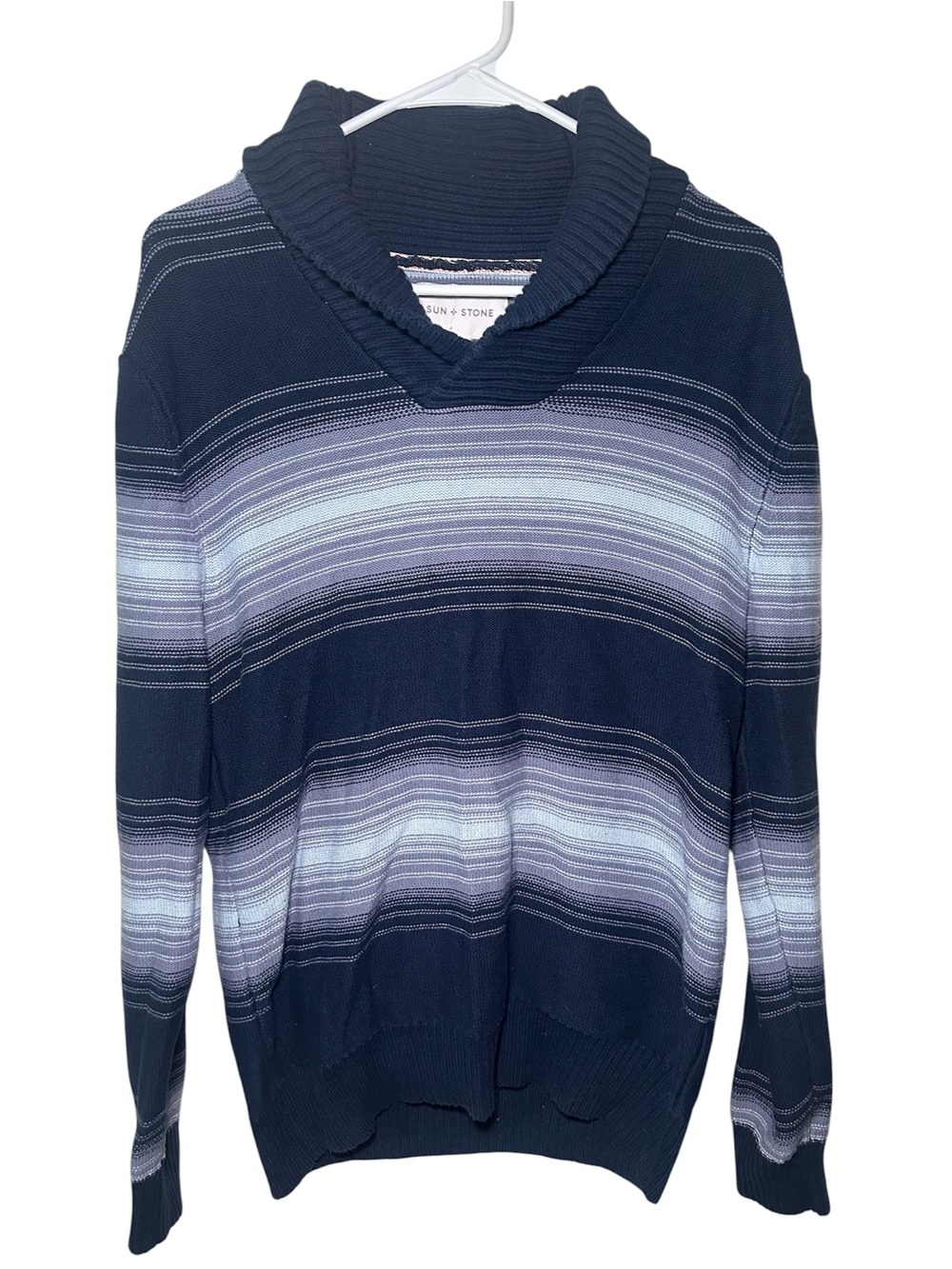 SUN + STONE Navy Gradient Stripe Shawl Collar Sweater 100% Cotton Warm Casual